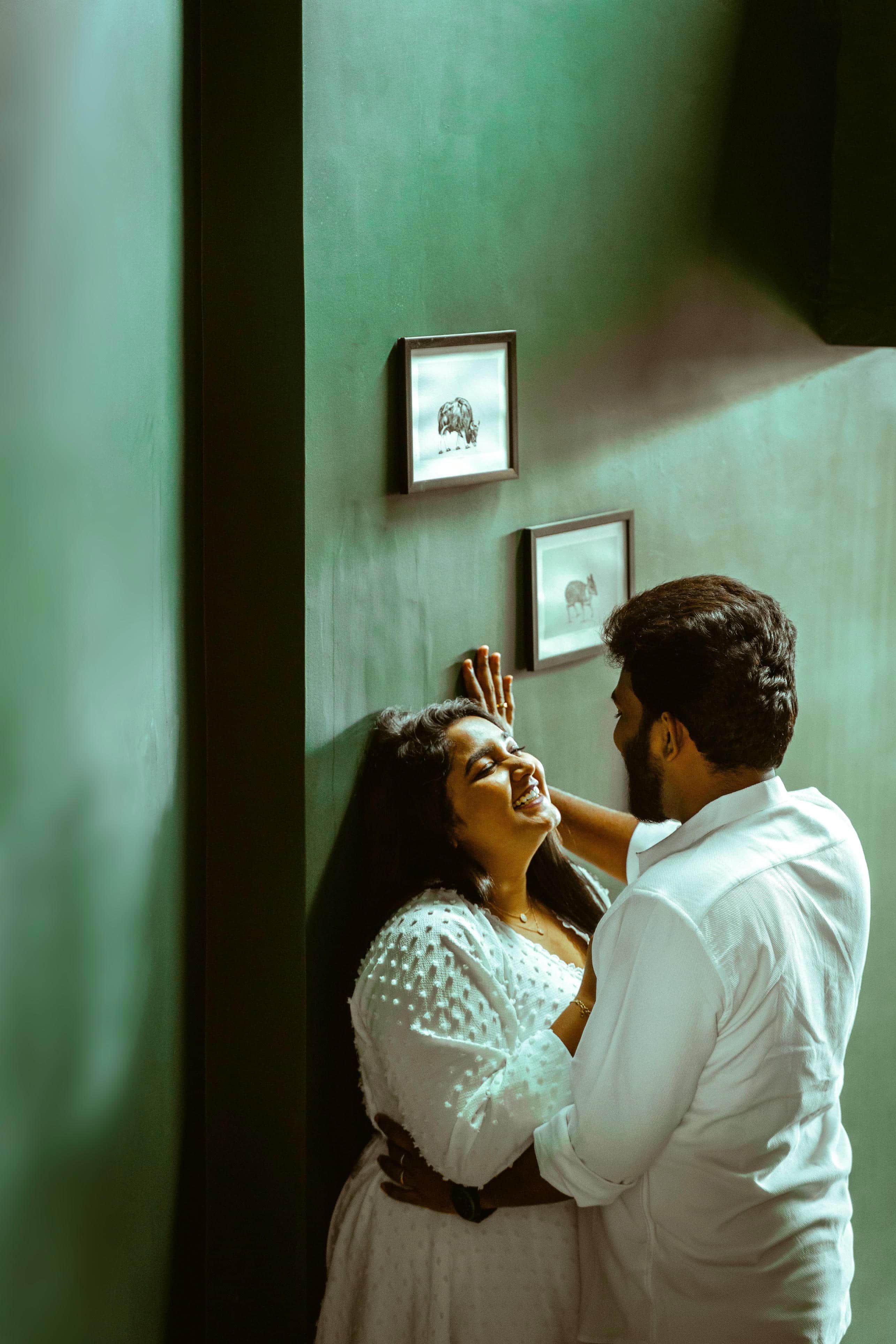 Bride and groom face to face with joyful expressions