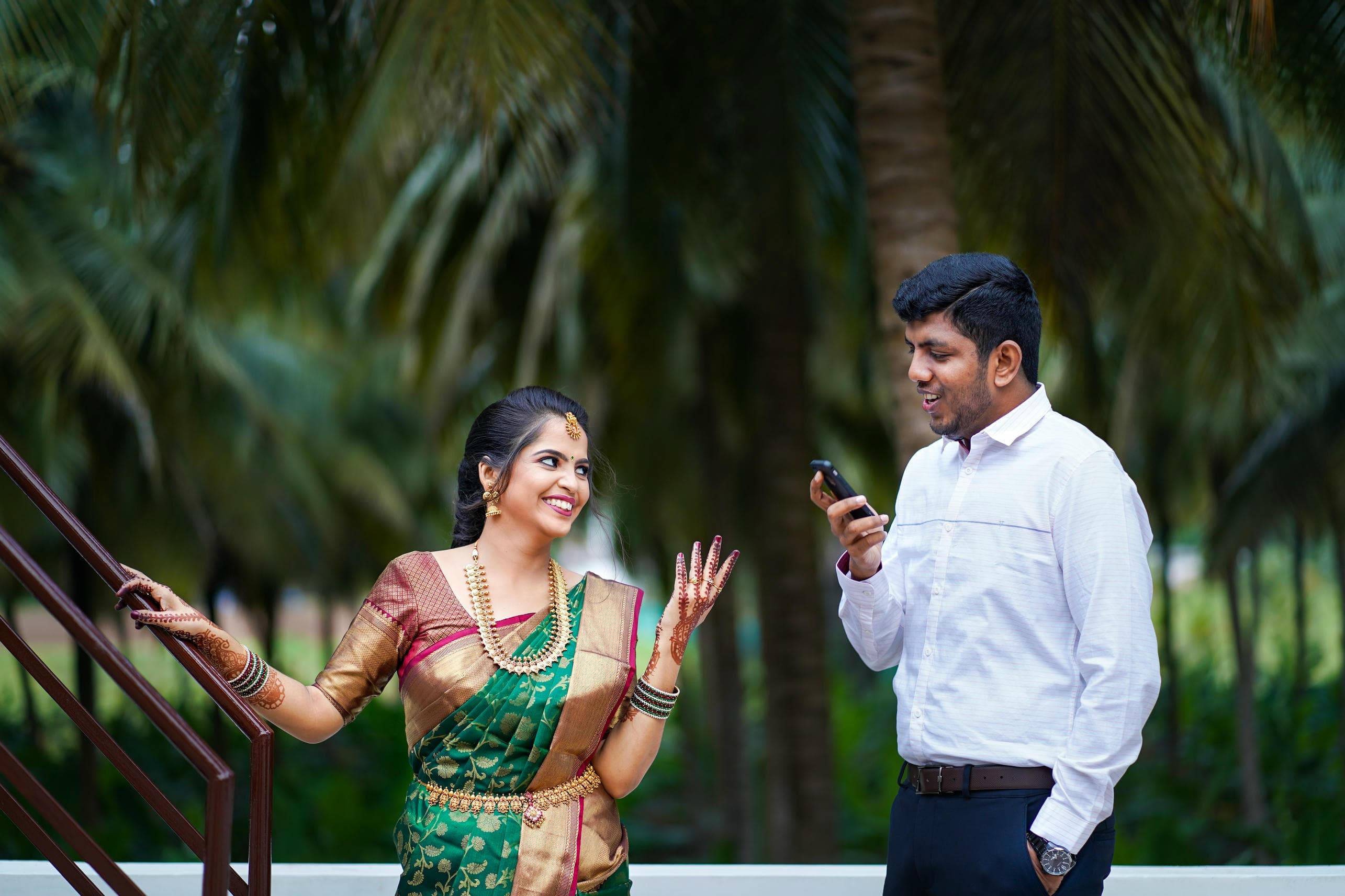 Romantic outdoor connection between wedding couple