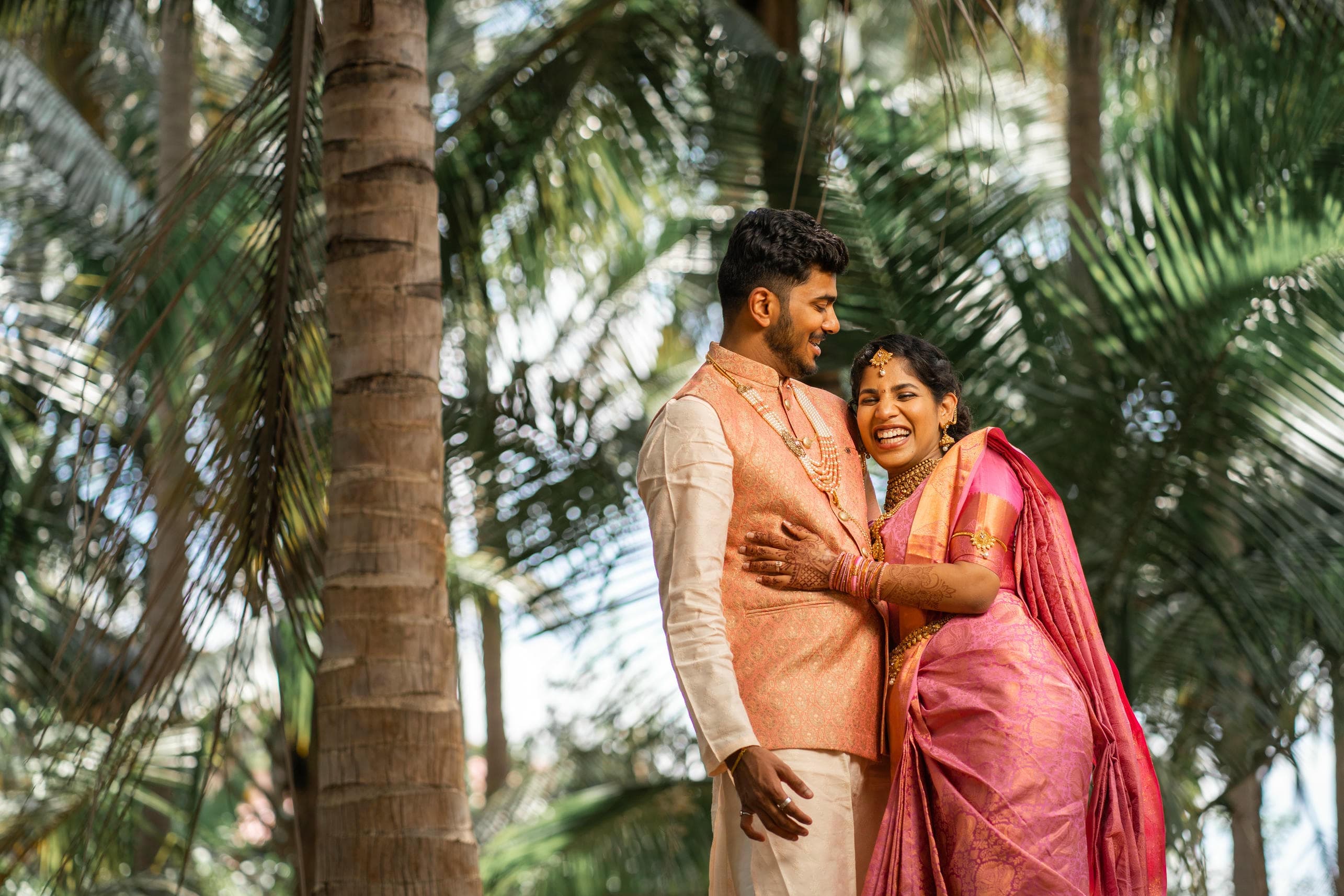 Couple embracing scenic outdoor location