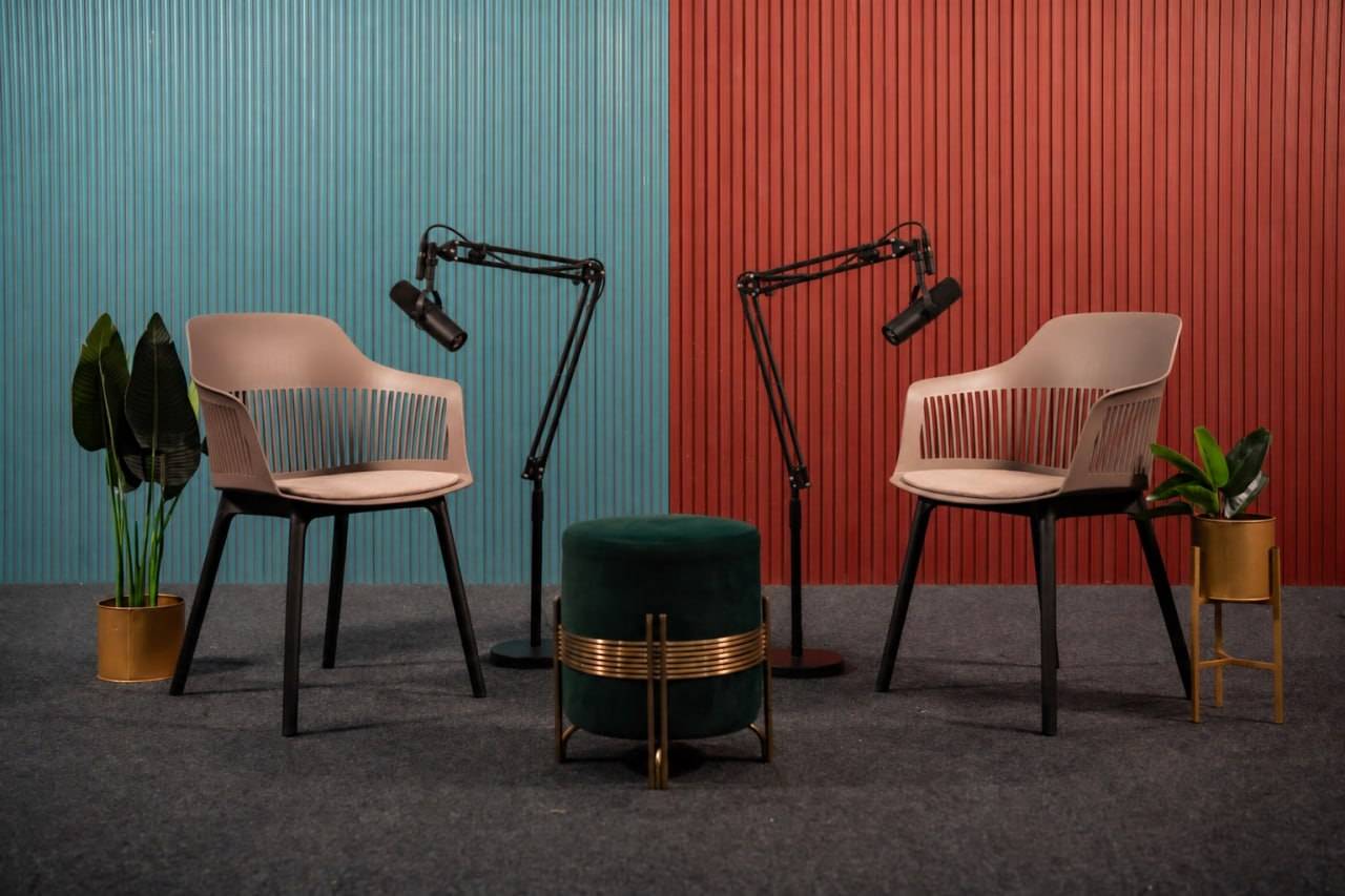 Professional podcast studio setup showcasing creative podcast studio background ideas